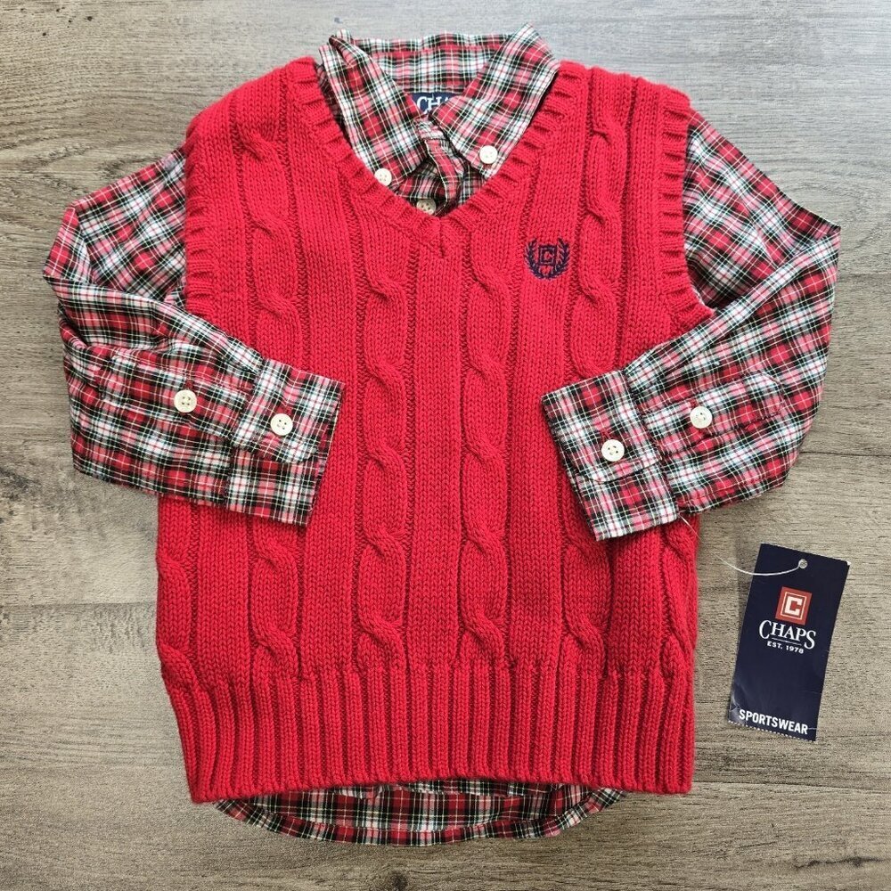 NWT Chaps Ralph Lauren Boys Size 18 Month Button Up Shirt Amd Sweater Vest Set